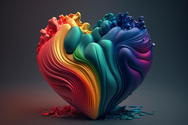 An LGBTQ heartshaped liquid rainbow in a surreal landscape representing the beauty of diversity