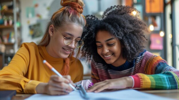 Photo lgbtq parent and teen working on a school project together