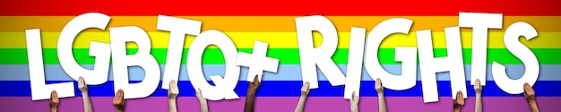 LGBTQ rights banner human hands holding colorful letters