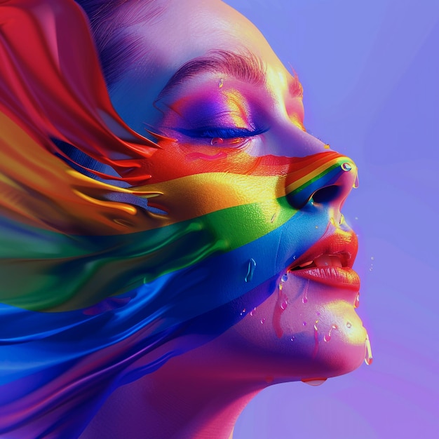 LGBTQ woman rainbow colored image of a woman with rainbow colors on her face