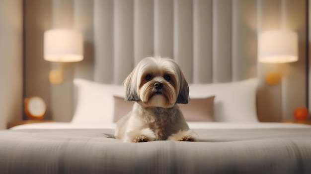 Lhasa apso is lying on bed in hotel room with contemporary interior