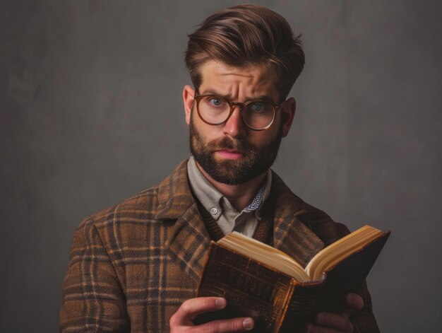 Photo librarian man with glasses holding a book themed background