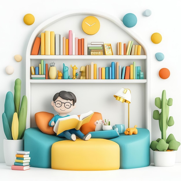 Photo librarian organizing bookshelves cozy reading area cute clay 3d illustration in clipart style sharp focus on 100 white background