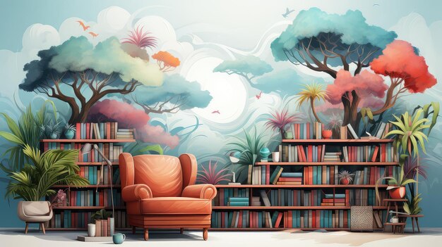 Photo library background flat design front view eclectic readers paradise theme water color colored pastel