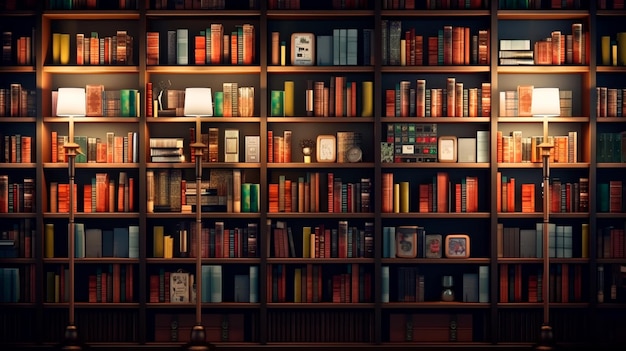 Library books in a library books in library shelves bookshelf full bookshelf Generative AI