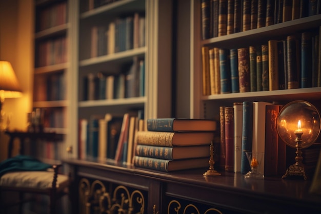 Library Bookshelves with books and textbooks Learning and education concept