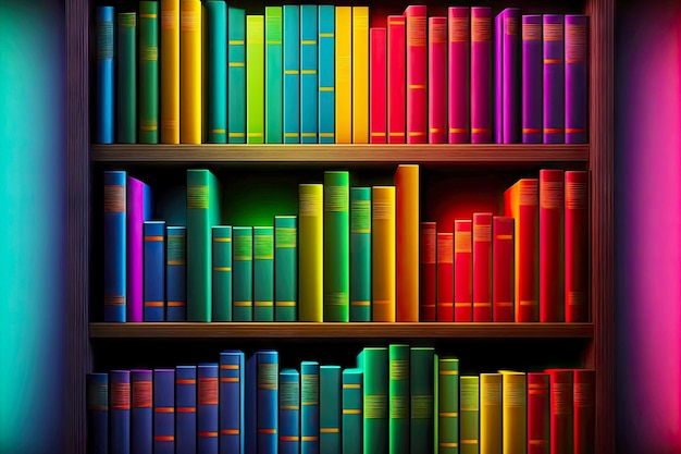 Library concept books of rainbow colors in closet on shelves created with generative ai