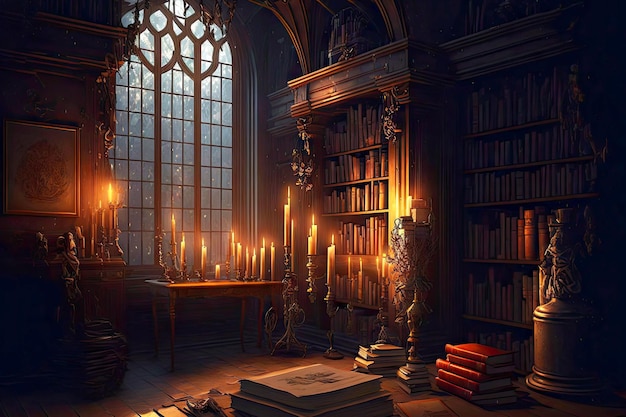 Library concept large room with books in castle by candlelight created with generative ai