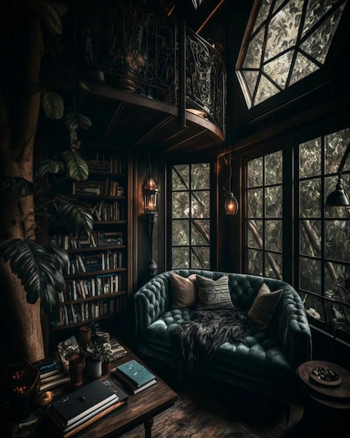 A library in a house with a couch and a bookcase with a book shelf above it.