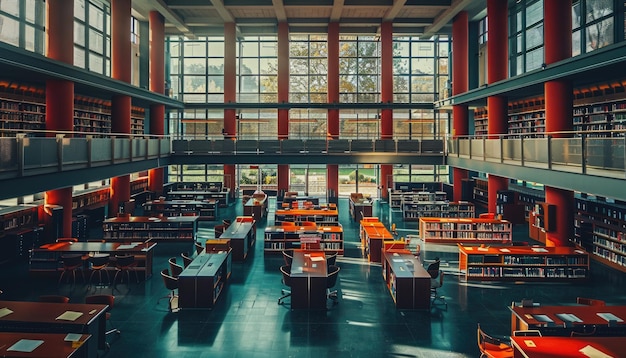 Photo library interior with wooden tables large windows serene study space and natural light aig59