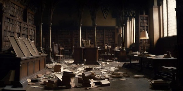 The library is full of books and the floor is covered in debris.