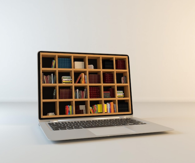 Library in laptop screen online library realistic 3D rendering