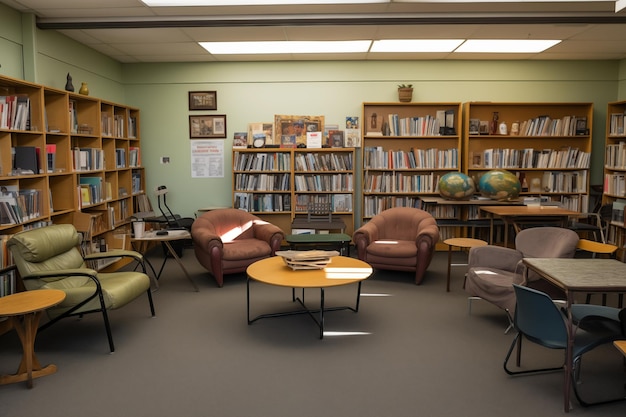 Library reading room with bookshelf armchairs and coffeetable Generative AI