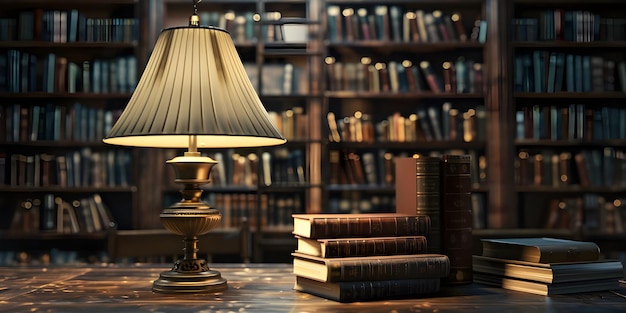 Library setting with lamp and stack of books background