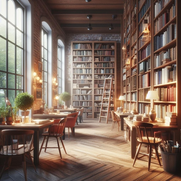 Library and shelves realistic photo