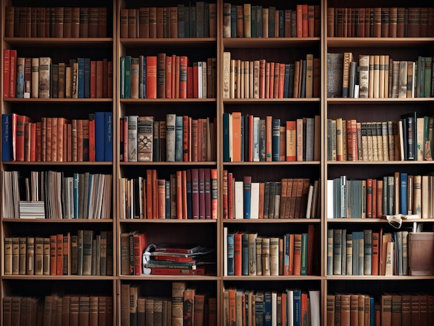 Library stacks of books and bookshelf Vintage bookcase with many books background