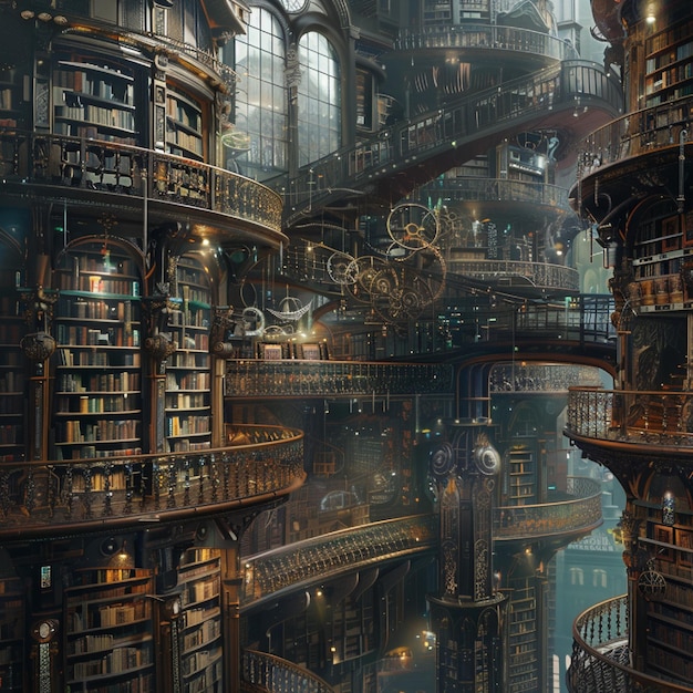 Photo library in a steampunk city books controlled by precision systems