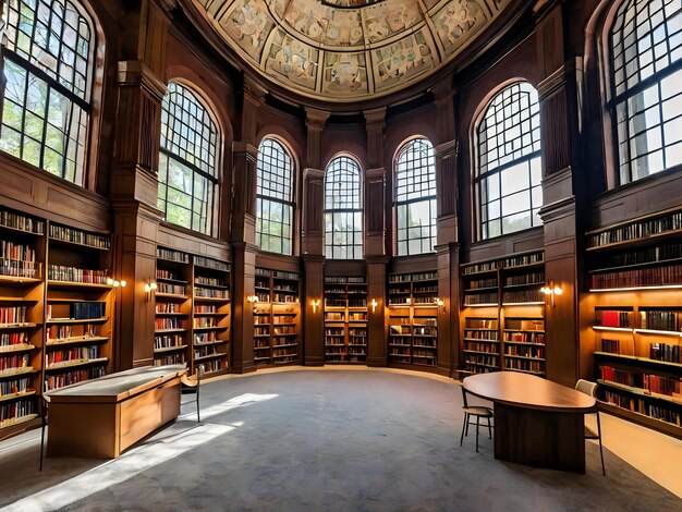 a library with a bench and bookshelf with a bench in the middle