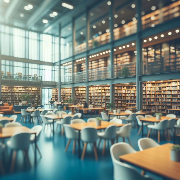 a library with a blue floor and chairs with tables and chairs