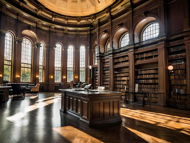 a library with a bookcase and a bookcase in the middle of it