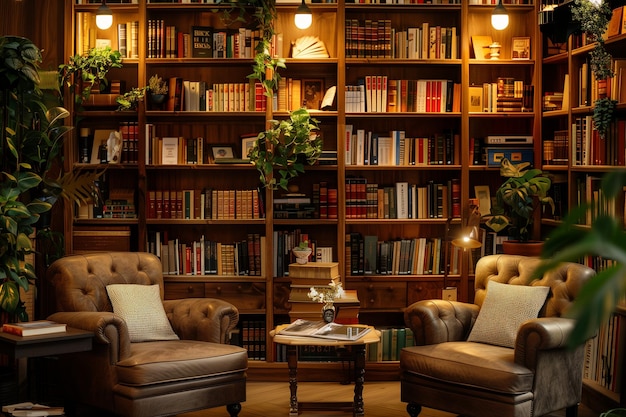 a library with a bookcase full of books and a lamp