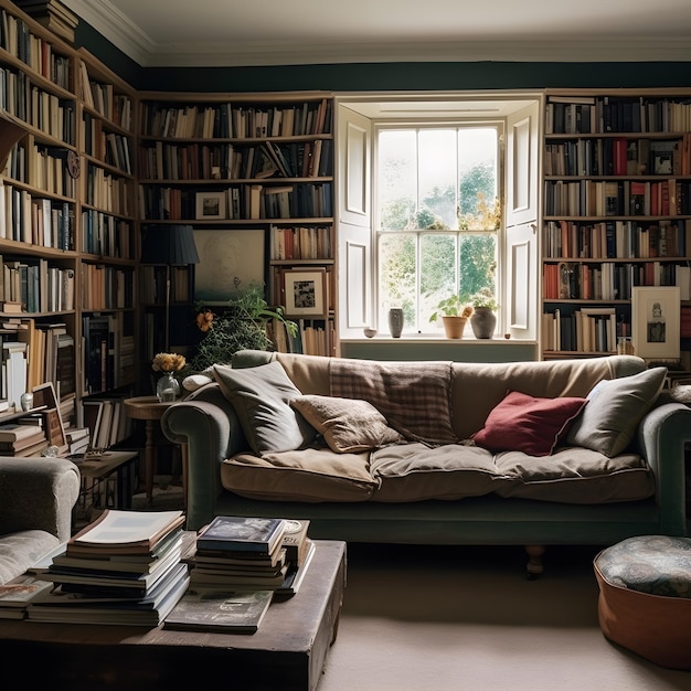 A library with books on the shelves and a couch with a red pillow on it.