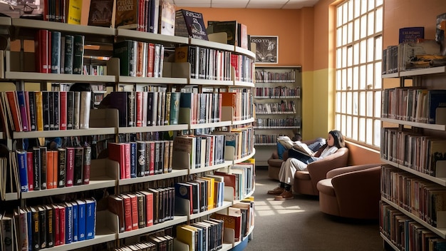 a library with books on the shelves and a person reading a book