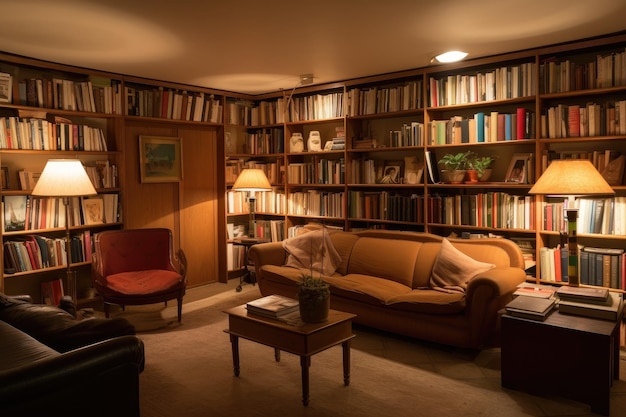 Library with bookshelves and reading lamps in warm and welcoming setting created with generative ai