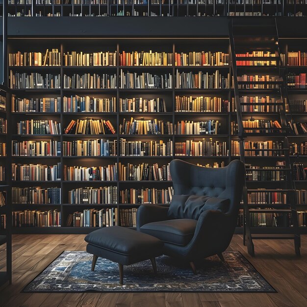 a library with a chair and shelves full of books in the style of moody atmosphere luxurious