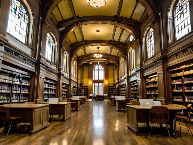 a library with a clock on the top of the ceiling