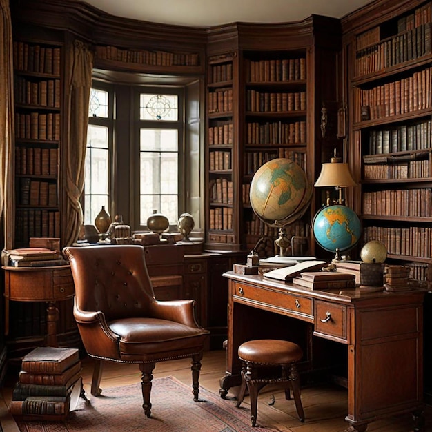 a library with a globe on the desk and a globe on the desk