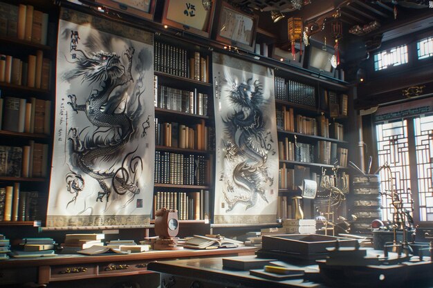 Photo a library with a large book called dragon on it