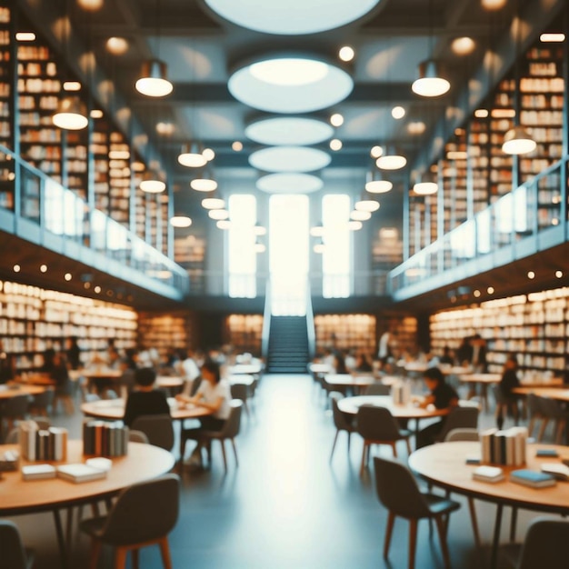 a library with a large bookcase with many tables and chairs