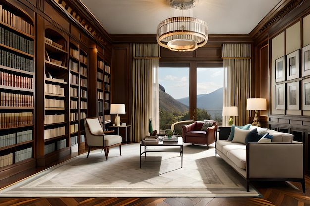 A library with a large chandelier and a couch with a chair and a table with books on it.