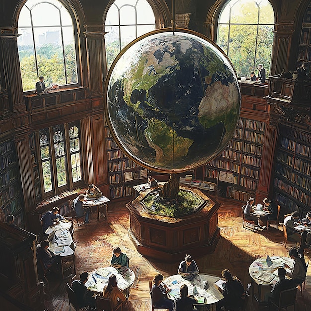 Photo library with a large globe in the center