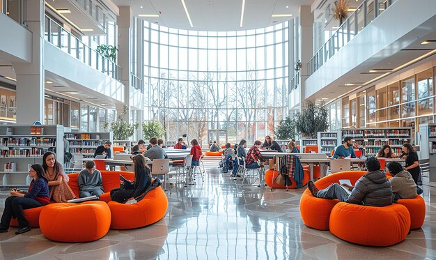 Photo a library with a large orange couch and chairs with people sitting in it