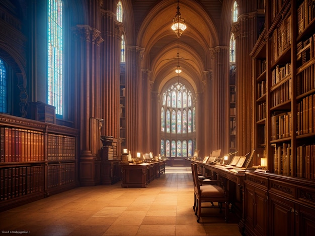 A library with a large window and a row of bookshelves with the word " reading " on the top.