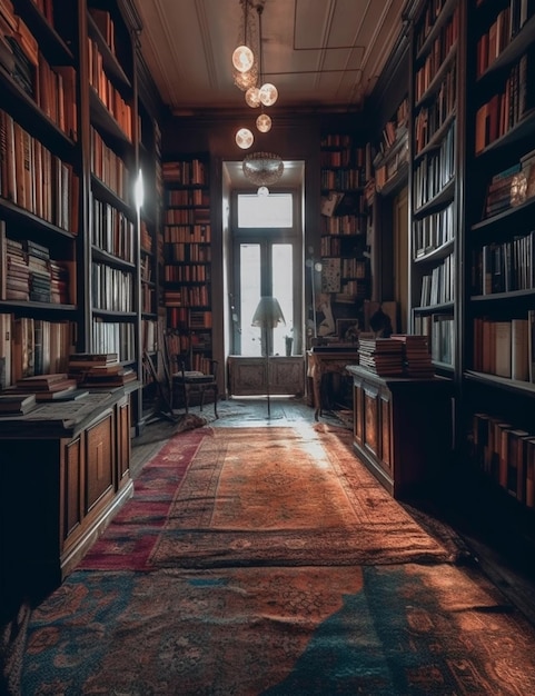 A library with a large window and a rug with a bookcase that says'the library is open to a door '