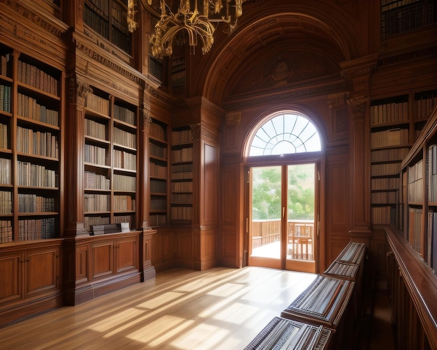 A library with a large window that has the sun shining through it.