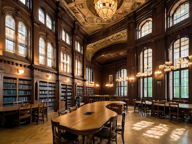 a library with a large wooden table and chairs with the words quot the library quot on the ceiling