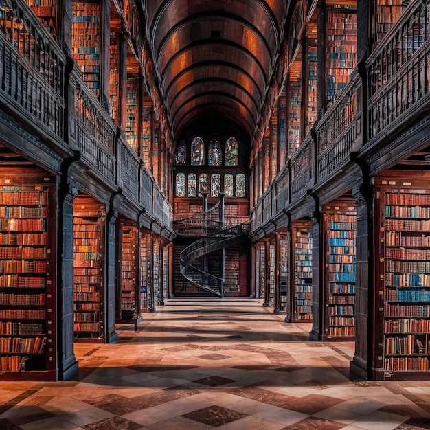 a library with a lot of books on the ceiling and a staircase that says quot the library quot