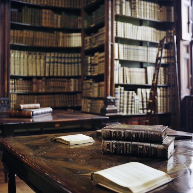 A library with a lot of books on shelves and tables