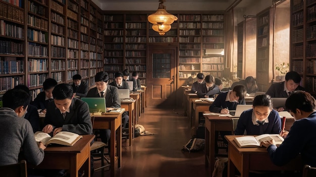 a library with many books and one person is reading a book