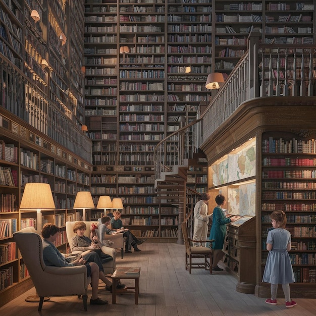 a library with many books and people reading in it