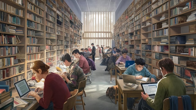 a library with many people sitting at tables and one reading a book