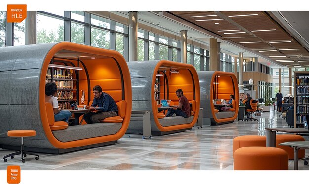 Photo a library with orange chairs and a bookcase with a man reading a book