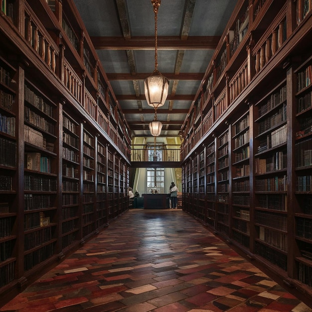 a library with a person standing in the middle of it