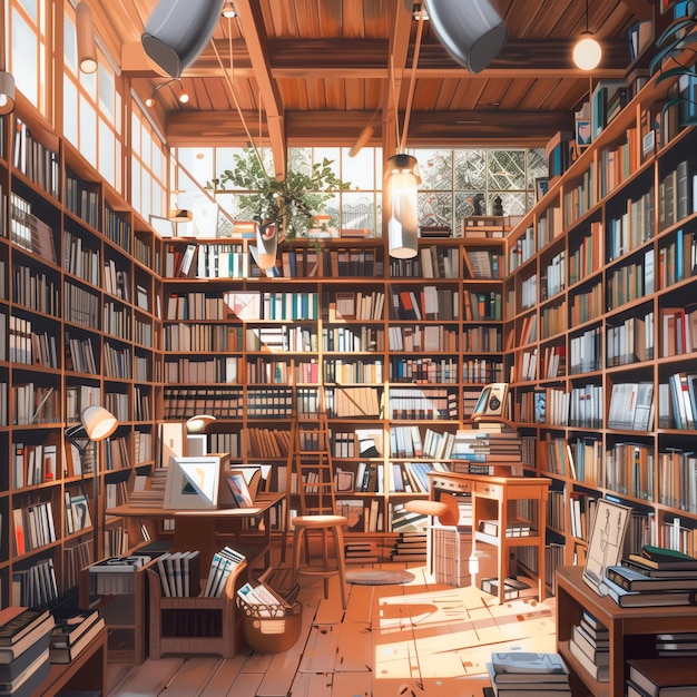 a library with rows of books inviting reading spaces