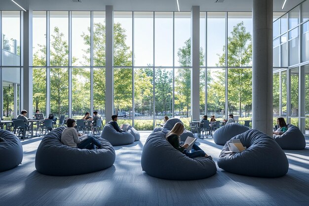 Photo library with soft bean bag chairs and large windows