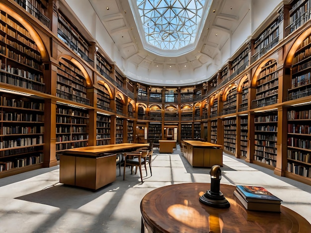 a library with a table and a book called the library